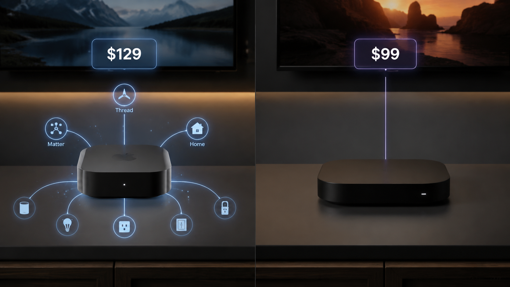 Apple TV 4K shown with smart home connection lines beside a Roku Ultra connected only to a TV