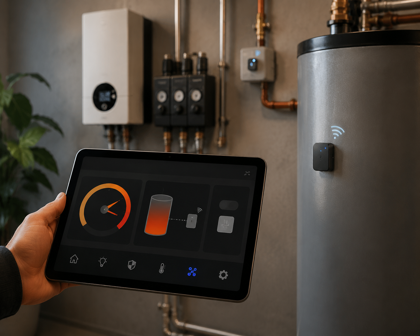 Hot water tank with a temperature sensor and Home Assistant dashboard showing the relay skipped because the tank is already hot