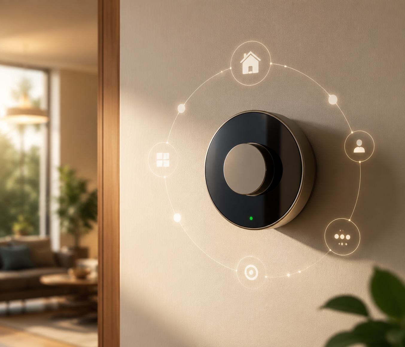 A modern smart thermostat mounted on a residential wall with subtle hub and connectivity icons around it
