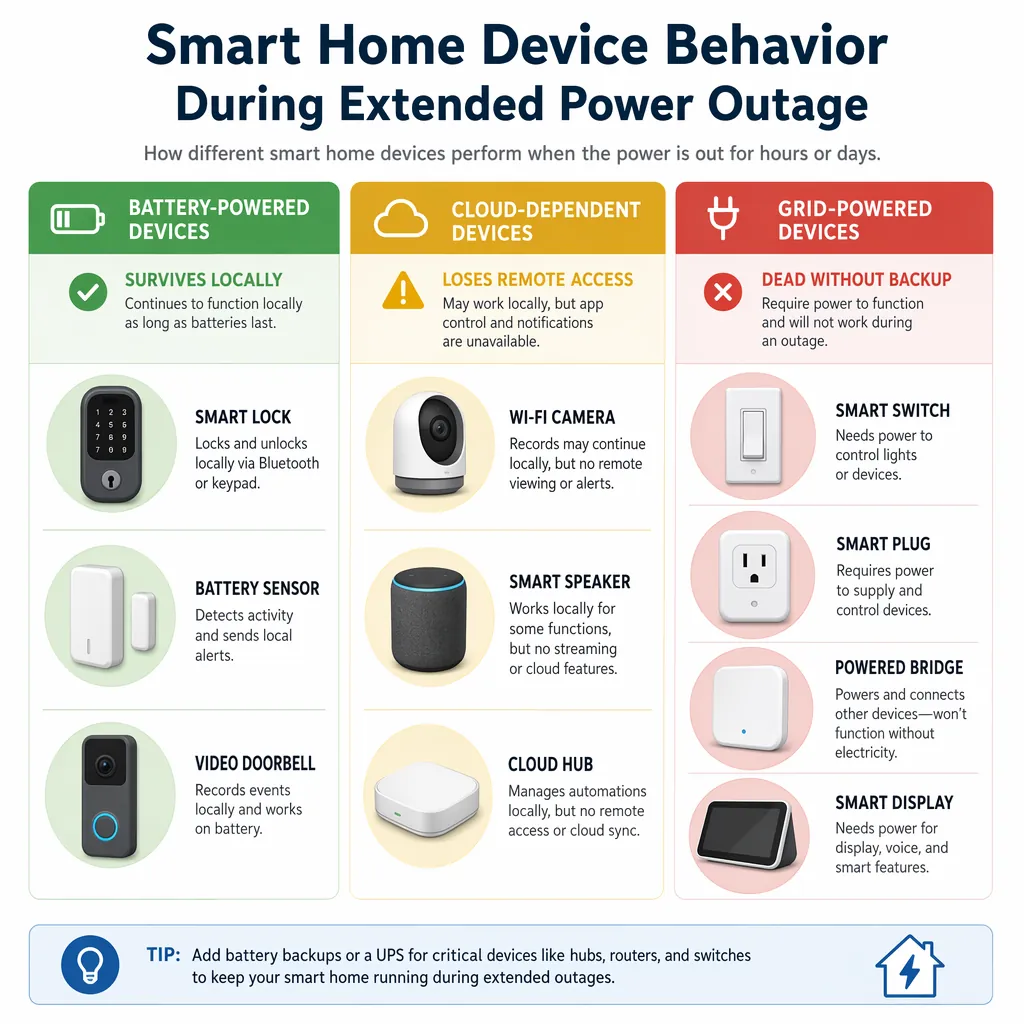 Infographic showing which smart home devices survive locally, lose remote access, or die without backup power during an extended outage