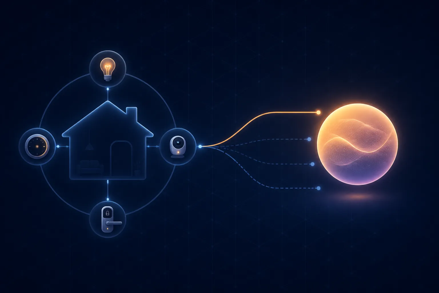Abstract smart-home hub connected to an AI assistant through four possible integration routes