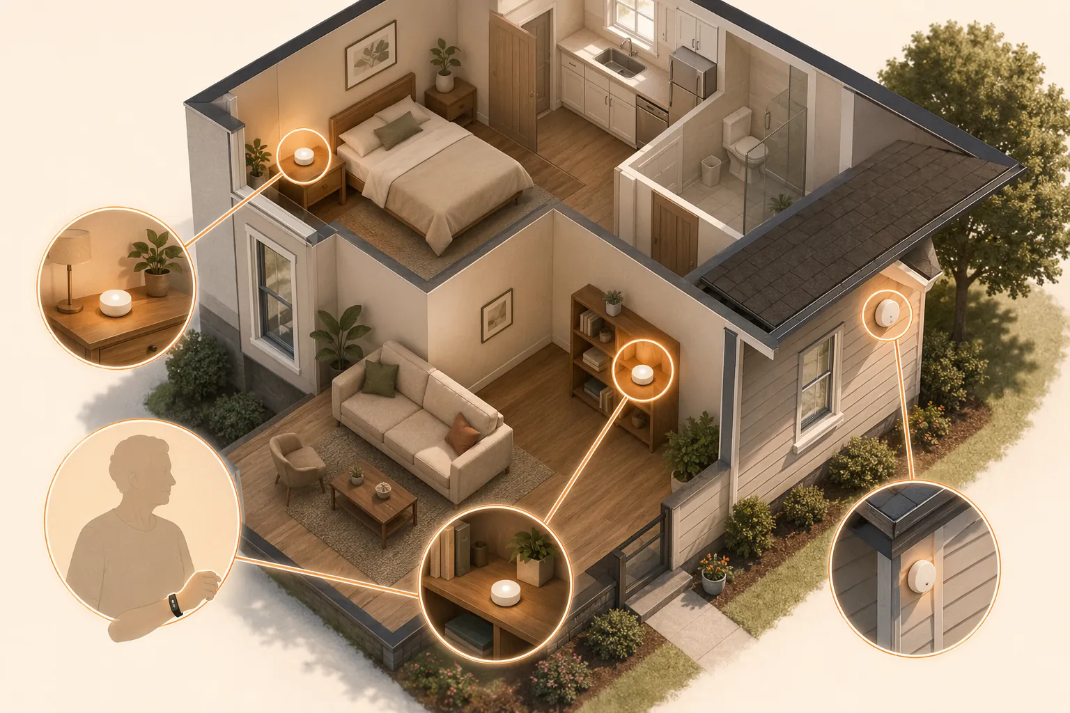 Cutaway home showing temperature sensors in a bedroom, living room, shaded outdoor location, and optional wearable proxy