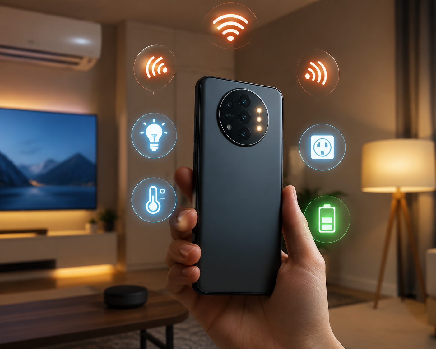 Smartphone in a living room controlling infrared appliances and smart home devices with a large battery indicator