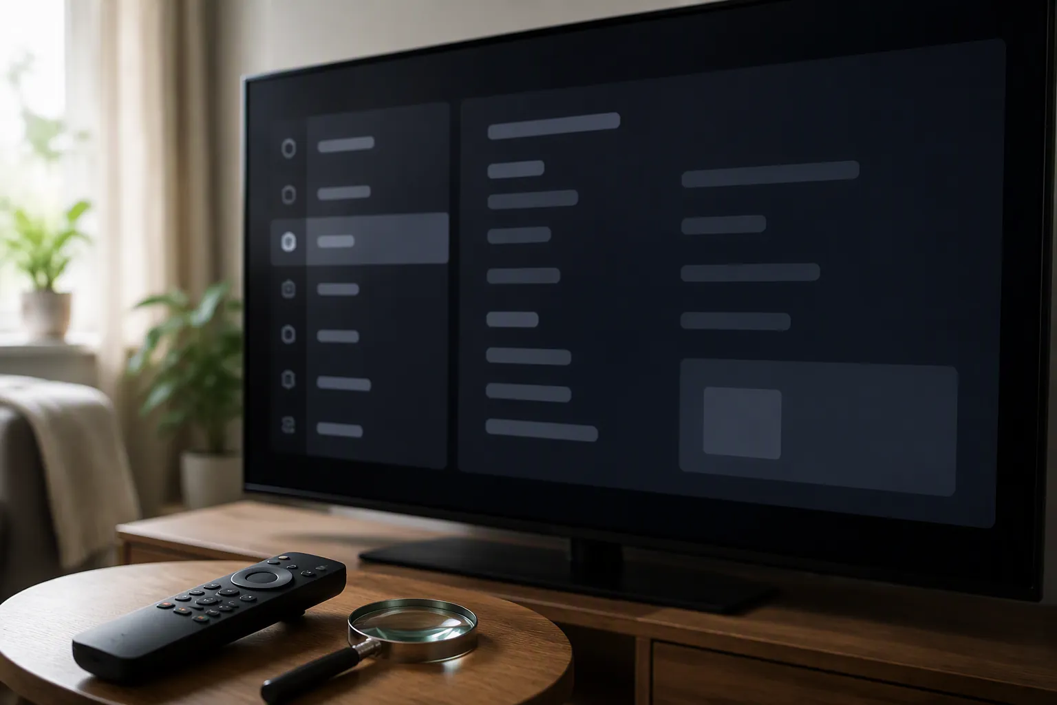 A TV system information screen with a remote and magnifying glass nearby