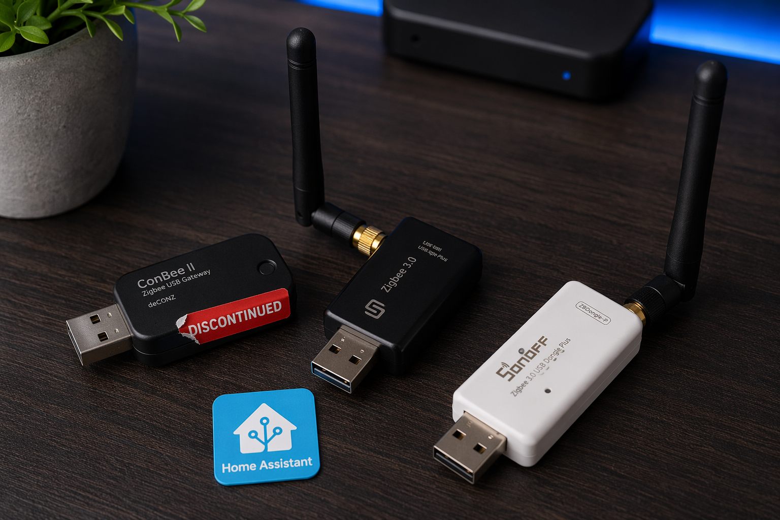 Three Zigbee USB dongles on a dark desk with one marked as discontinued