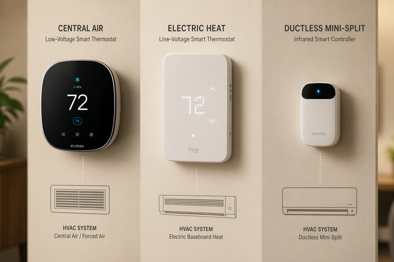 Three distinct smart thermostat types arranged side by side on a wall: a low-voltage thermostat with central air icon, a line-voltage thermostat with baseboard icon, and an infrared controller with mini-split icon