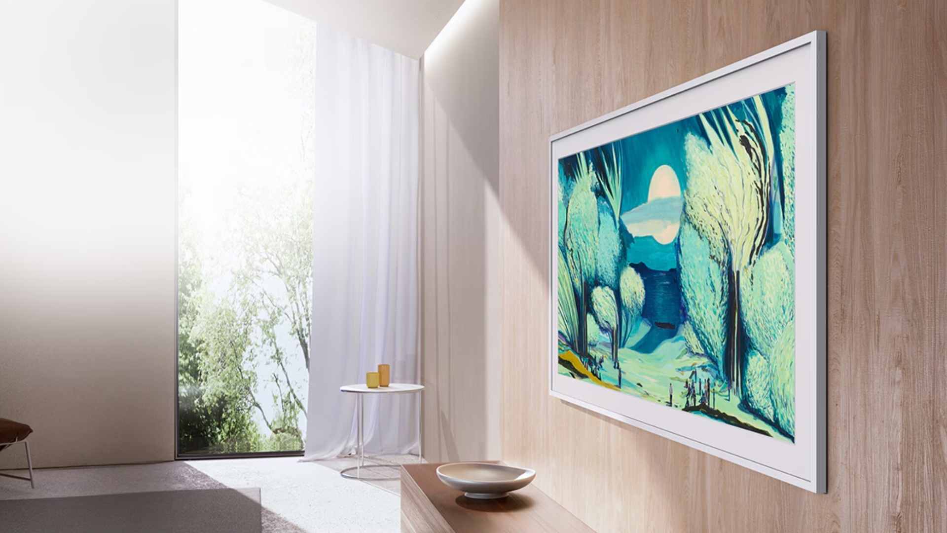 Samsung The Frame LS03FA TV with slim bezel and custom wooden frame displaying artwork