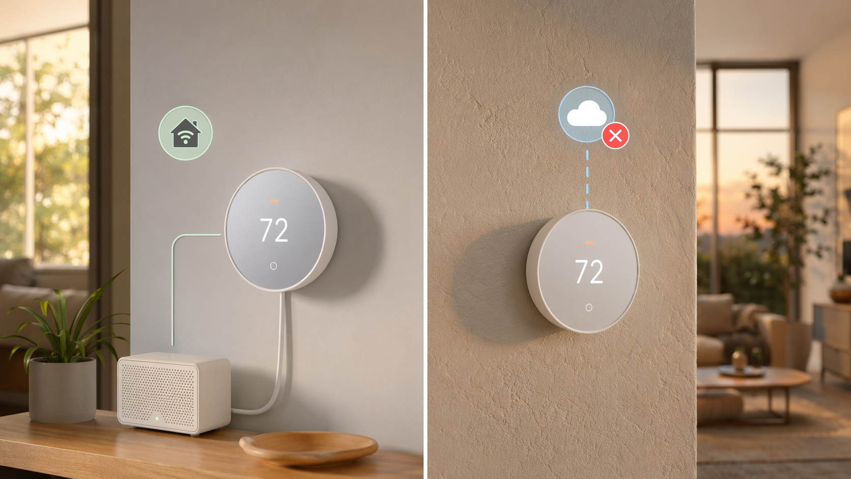 Split-composition scene with a local-controlled smart thermostat on the left connected to a home server icon and a cloud-dependent thermostat on the right with a red X overlay, both mounted on different wall textures under warm late-afternoon lighting.