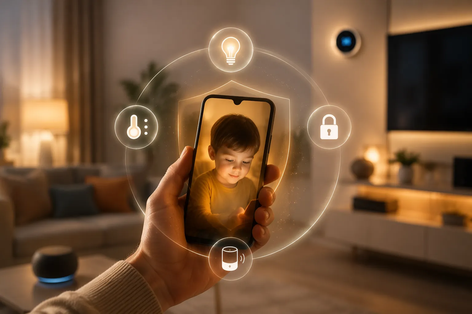 A child's smartphone in a parent's hand with smart home icons protected by a translucent shield
