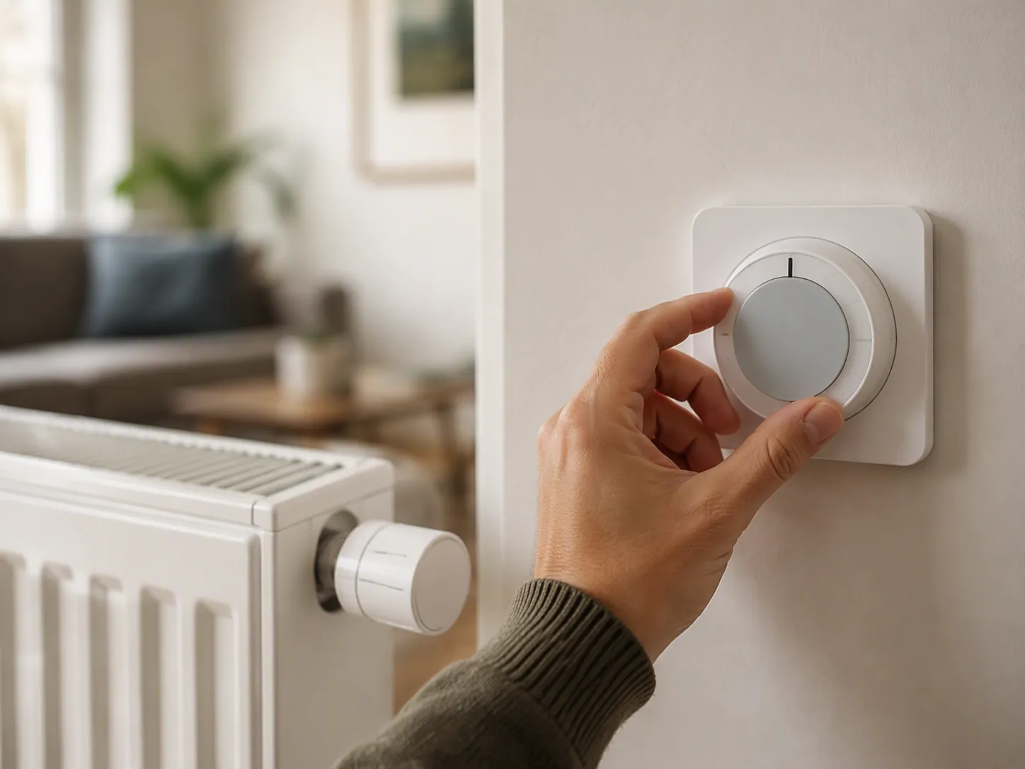 Hand adjusting a smart thermostat with a thermostatic radiator valve visible in the room