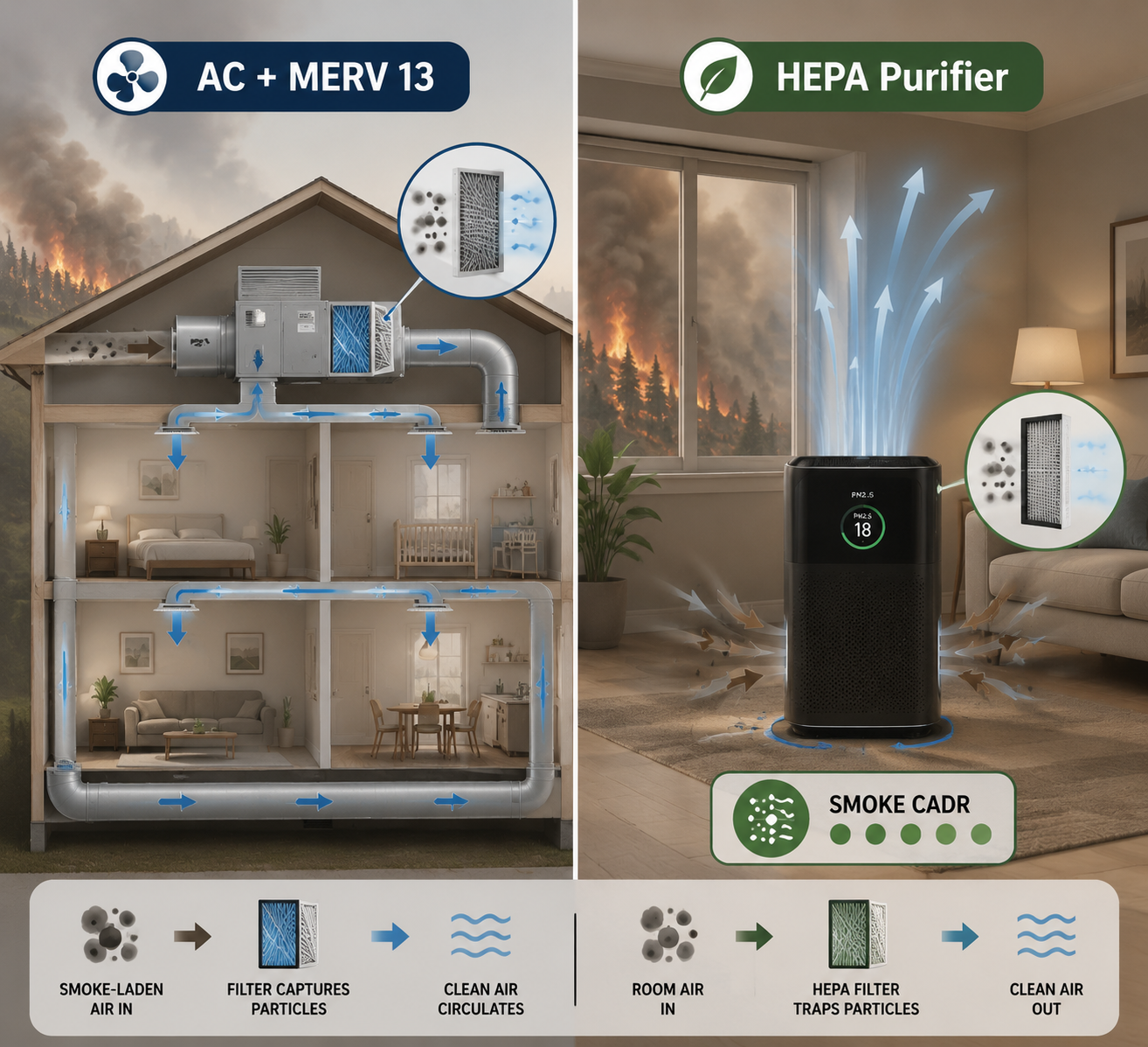 Split diagram of central AC recirculation on one side and a HEPA purifier with PM2.5 display on the other.