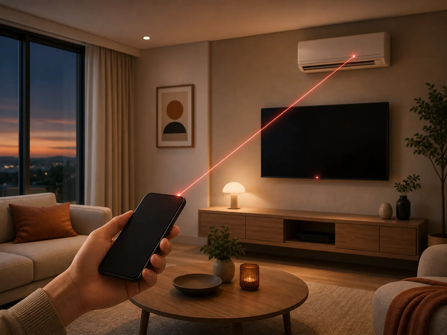Phone sending an infrared beam toward a TV and air conditioner