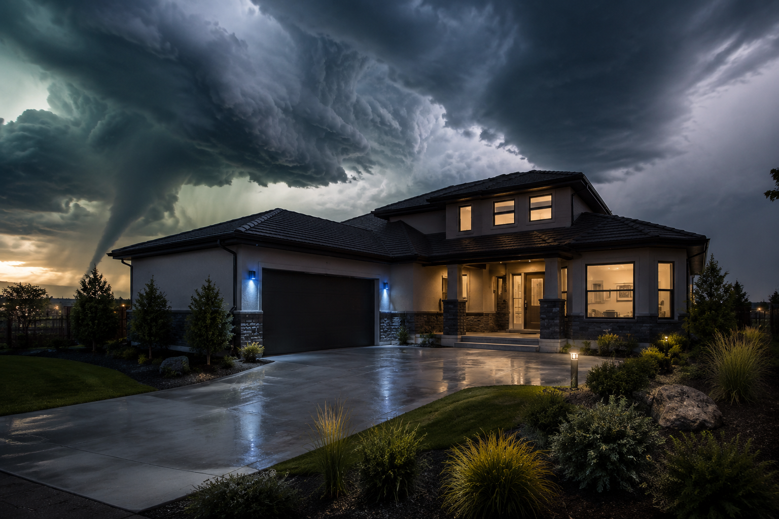 Modern suburban home prepared for a tornado threat with garage door closed and outdoor screens retracted