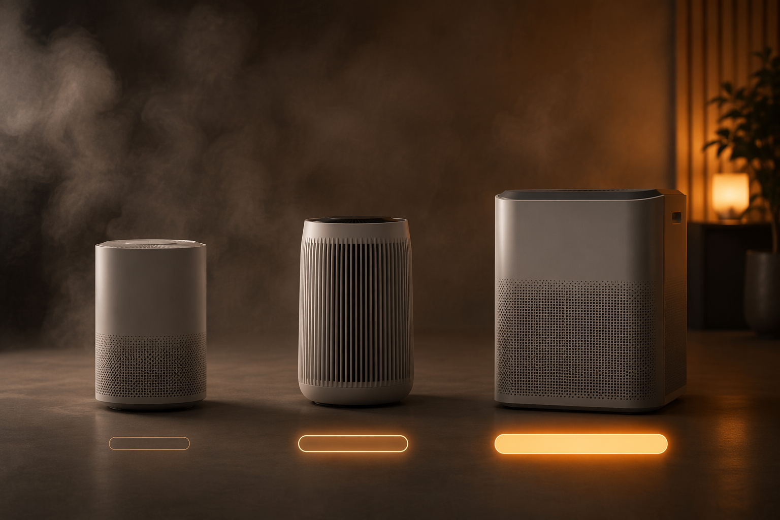 Three air purifiers compared by low, medium, and high smoke-cleaning capability