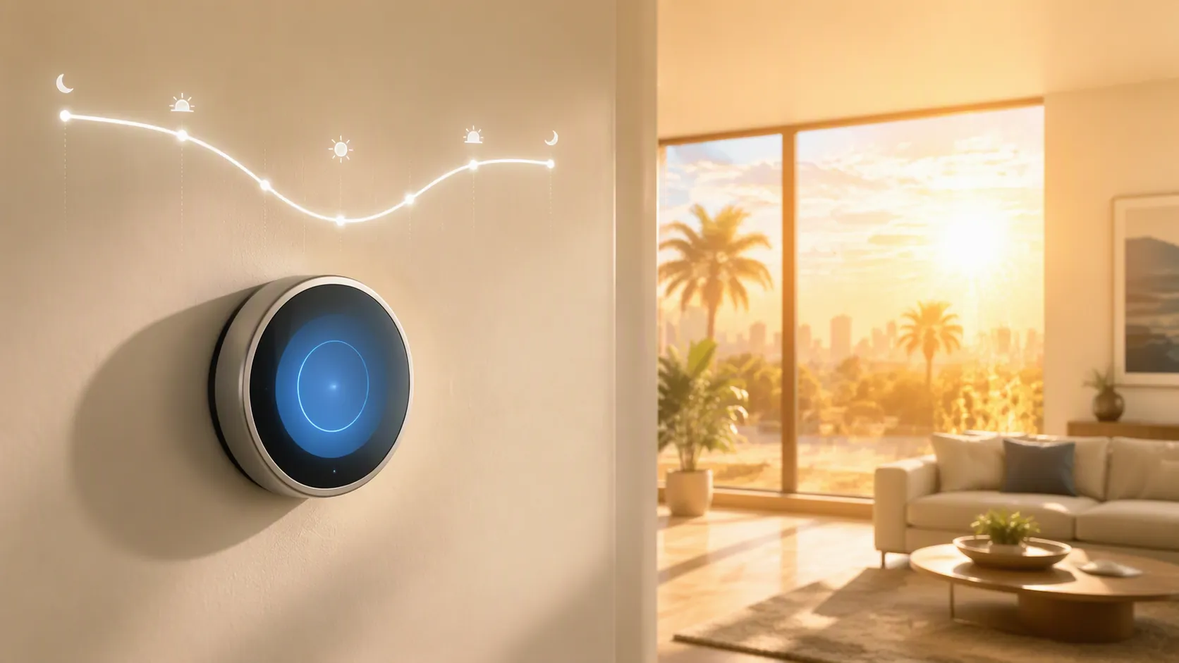 Round smart thermostat on a sunny wall with a summer schedule curve