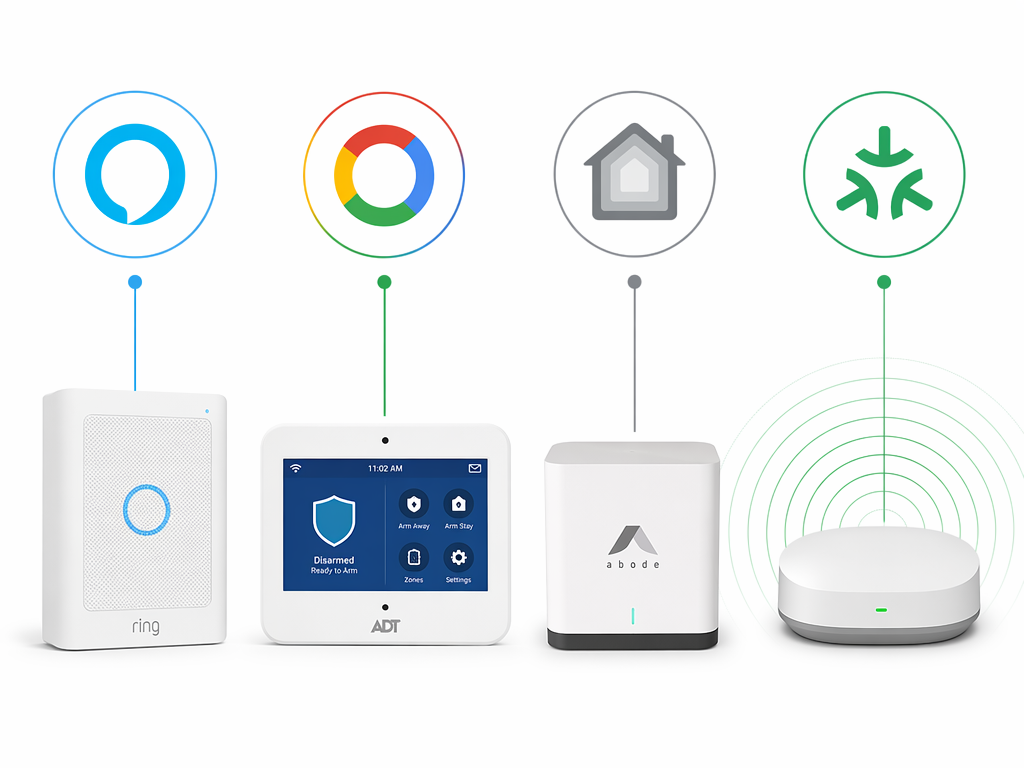 A four-column editorial comparison visual with Amazon Alexa, Google Home, Apple HomeKit, and Matter ecosystem icons at the top, each connected by a line to its recommended security system product illustration below: a Ring base station for Alexa, an ADT panel for Google Home, an Abode gateway for HomeKit, and a generic smart hub for Matter.