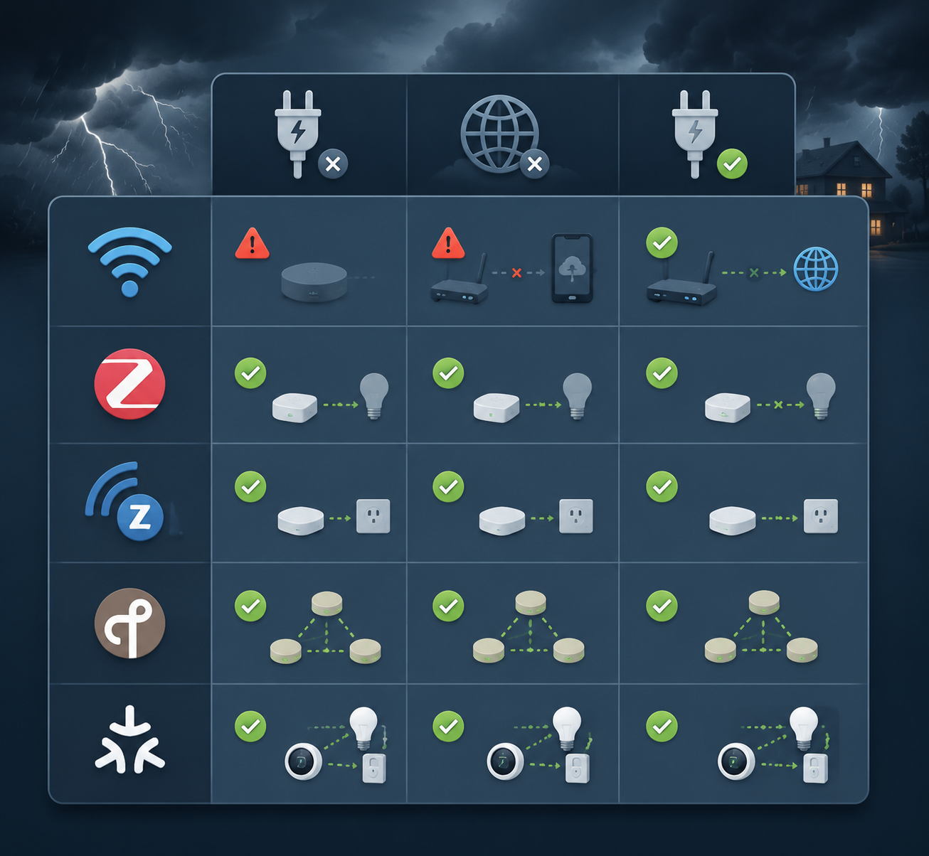 Comparison grid of Wi-Fi, Zigbee, Z-Wave, Thread, and Matter behavior during power loss, internet loss, and restoration