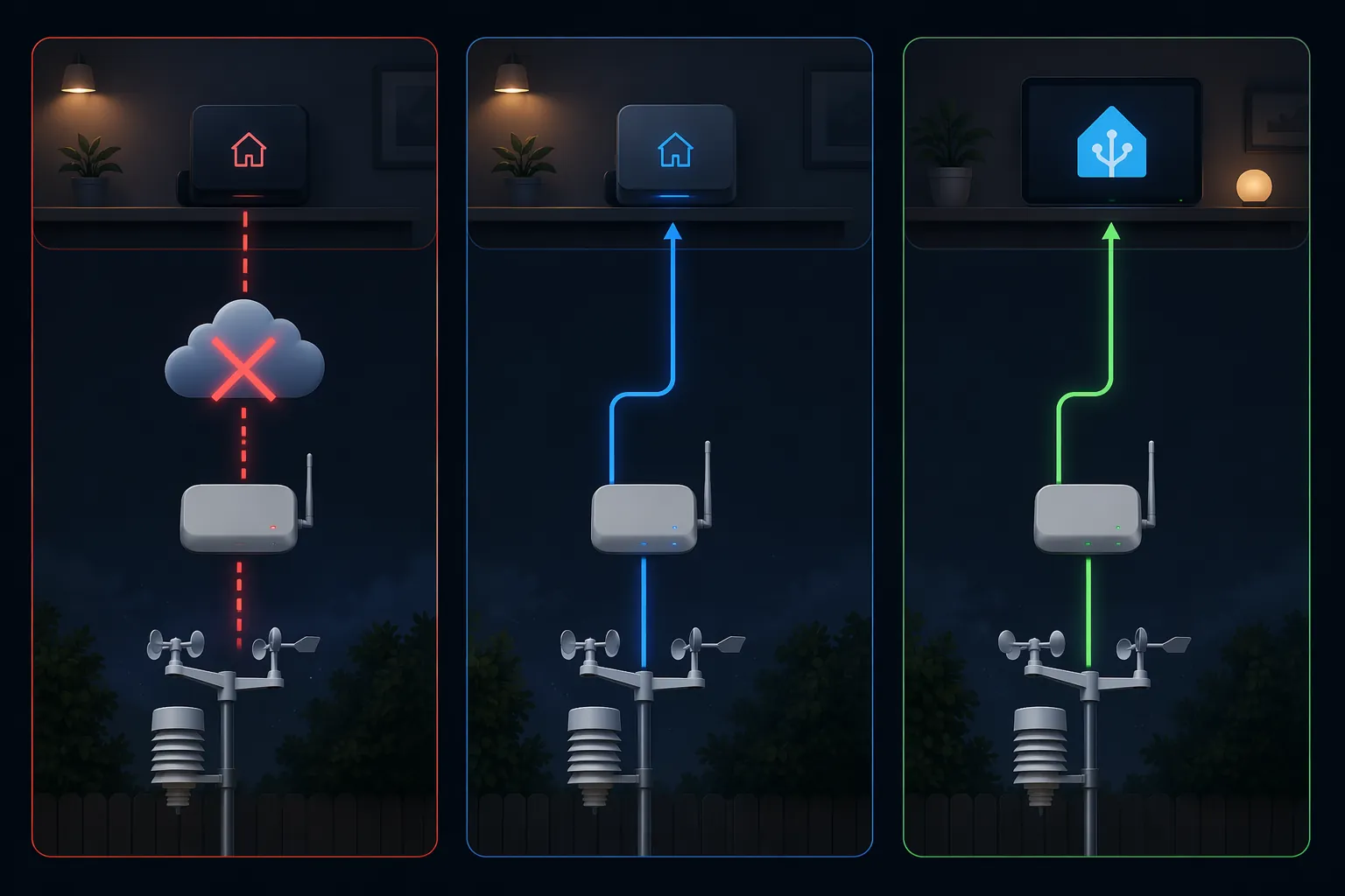 Comparison of cloud weather station integration, direct local integration, and Home Assistant local push