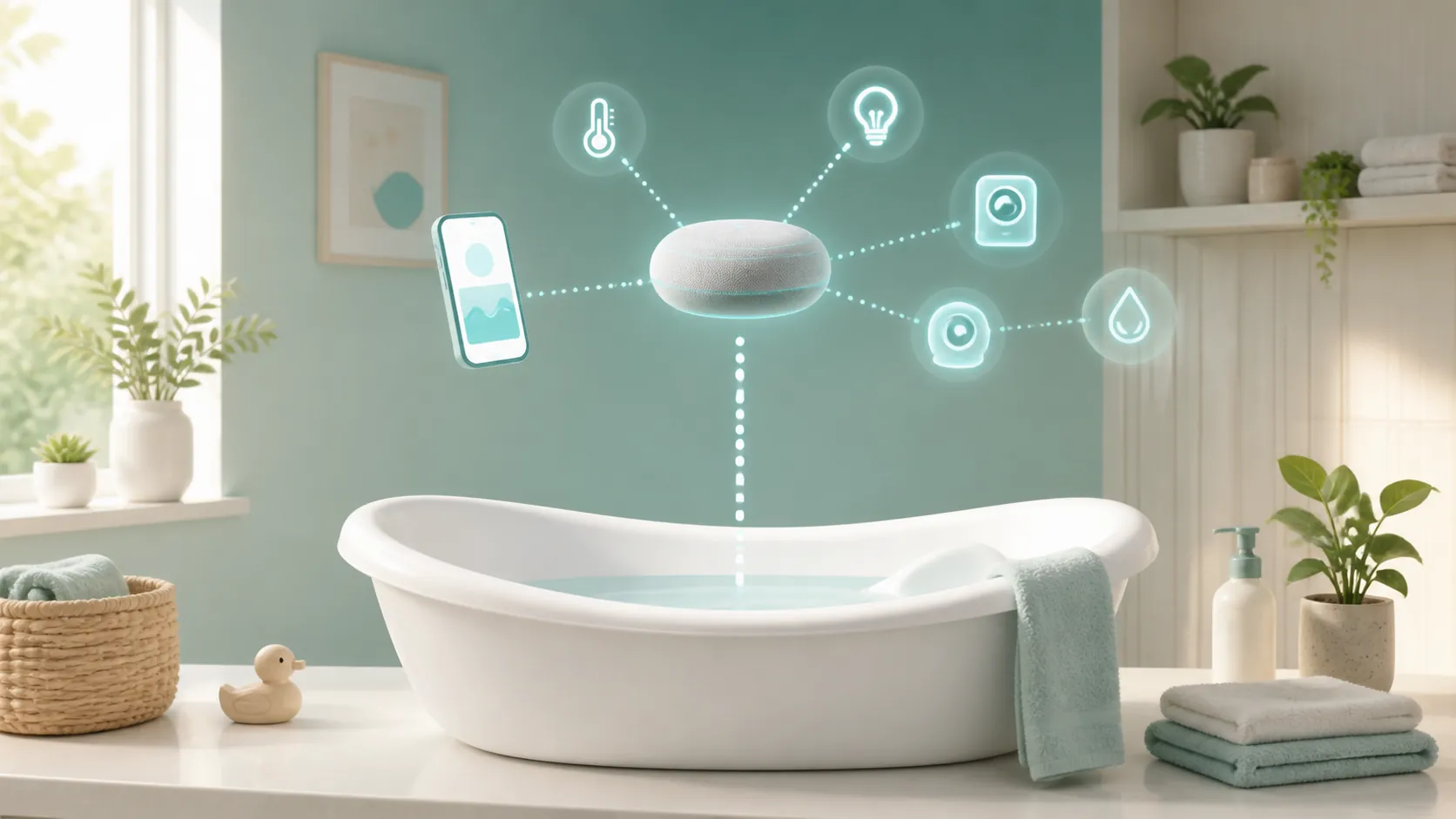 A modern bathroom with a baby bathtub, smart-home icons, and a broken connection line above the water