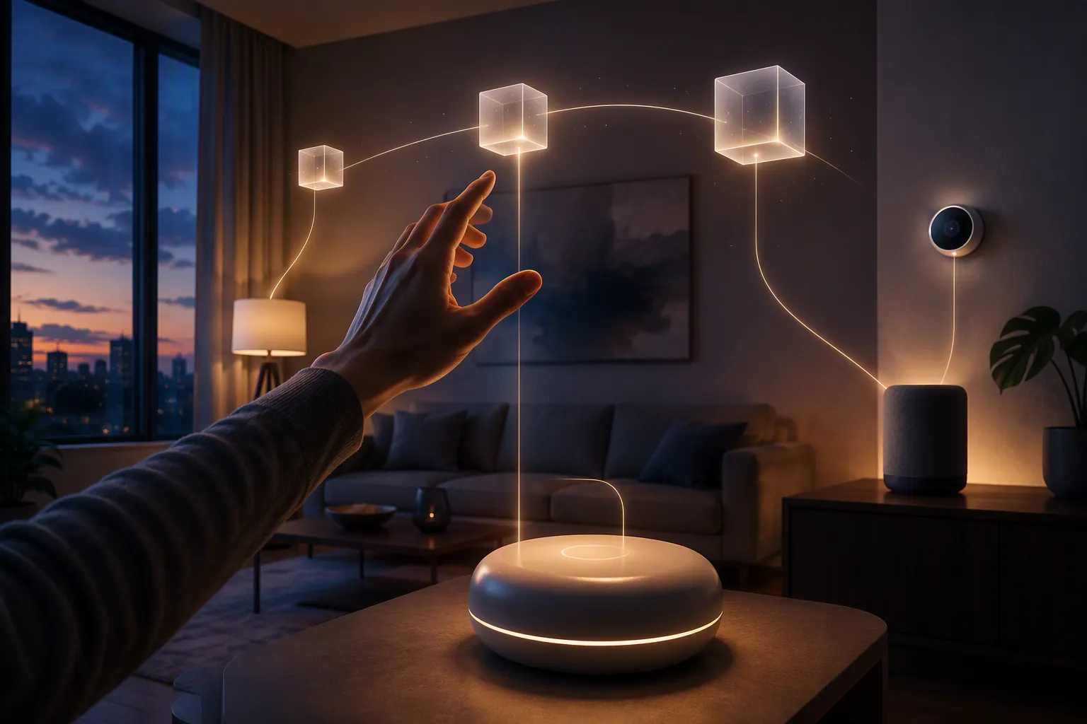 Modern smart-home living room with three floating AI model cubes connected to a lamp, thermostat, and speaker