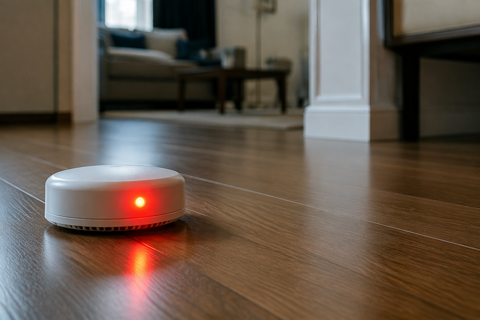 A smart flood sensor on a dry hardwood floor with a glowing red alarm indicator light and no visible water or moisture.
