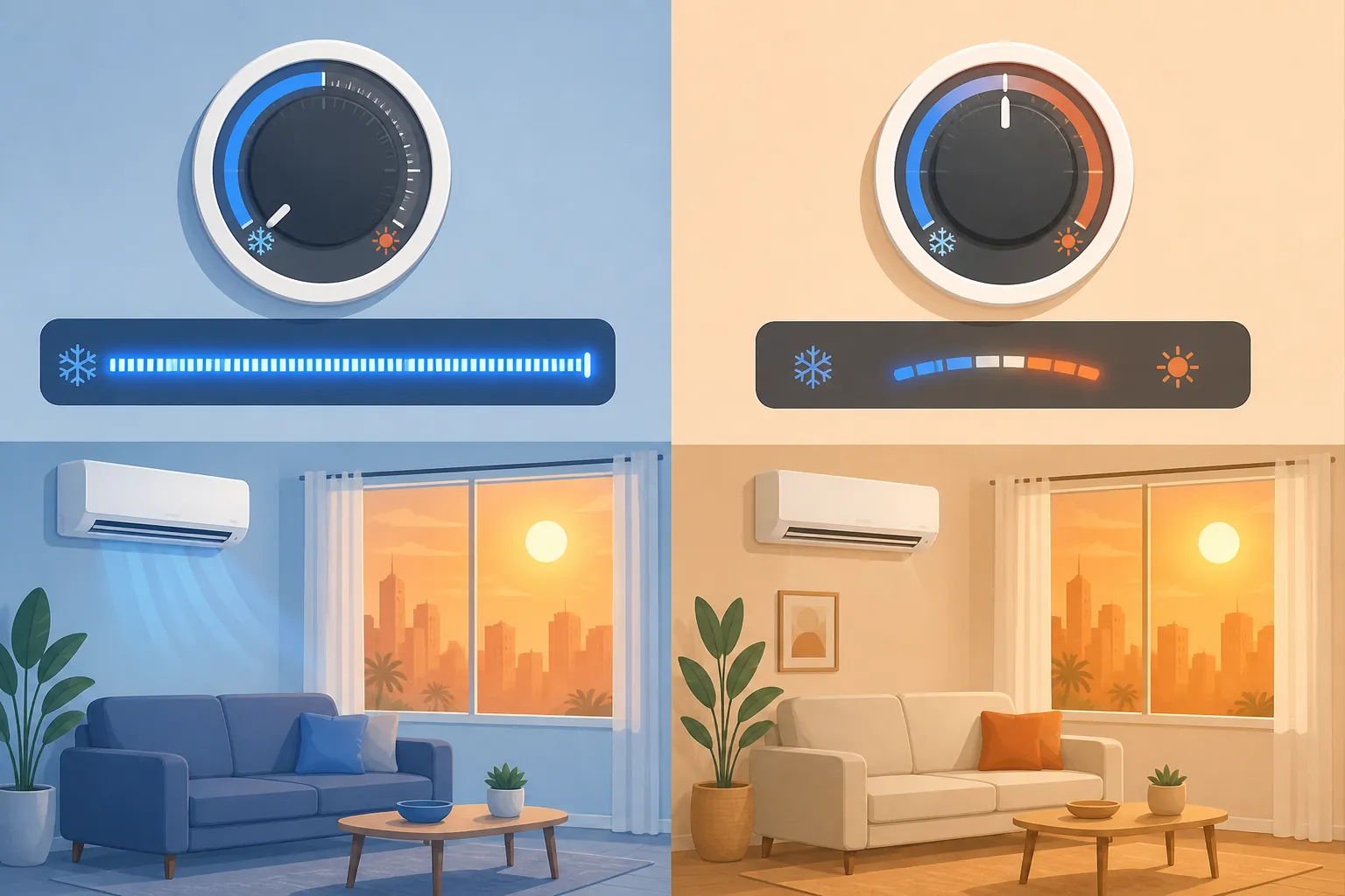 Illustration comparing a thermostat set very low with a long AC runtime against a moderate setting with a shorter runtime