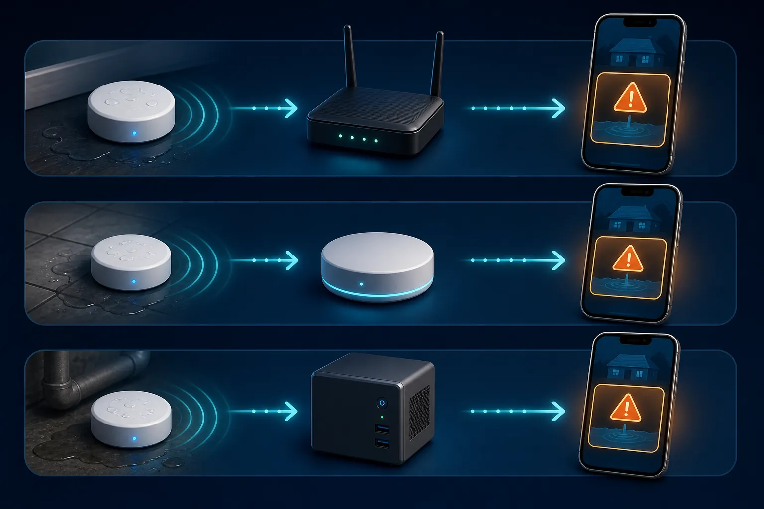 Three flood-warning setup lanes showing a leak sensor, Wi-Fi router or hub, and phone alert connected by escalation arrows