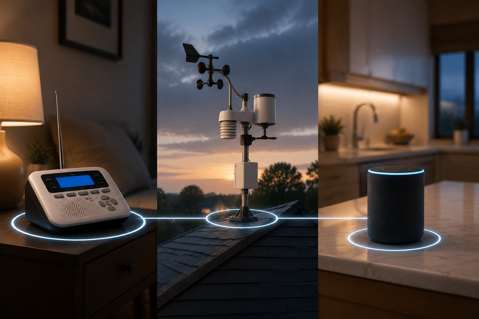 Three independent layers of a home tornado warning system: NOAA weather radio, smart weather station, and smart speaker