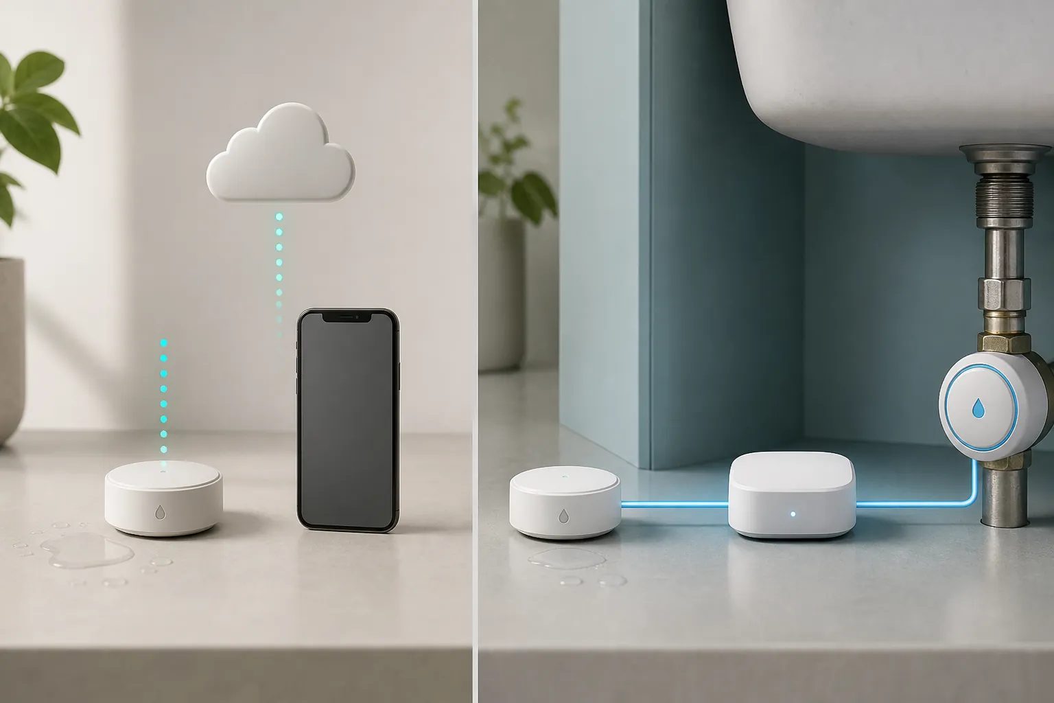 A comparison of a leak sensor that only alerts a phone through the cloud and a leak sensor that triggers a hub and water shutoff valve locally
