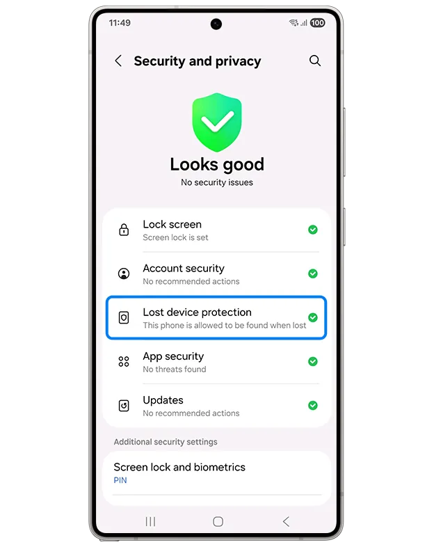 Samsung One UI settings screen showing the Lost device protection entry