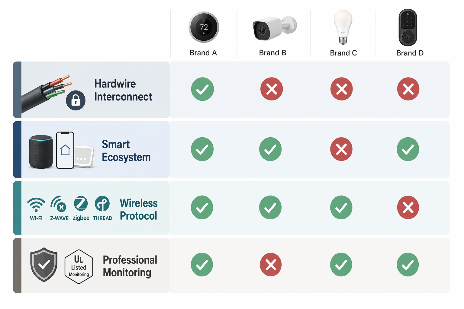 Matrix showing hardwire interconnect, smart ecosystem, wireless protocol, and professional monitoring as separate compatibility layers