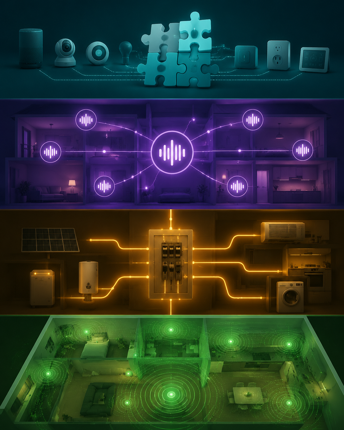 Four neutral smart home orchestration layers for integration, voice, energy, and sensing