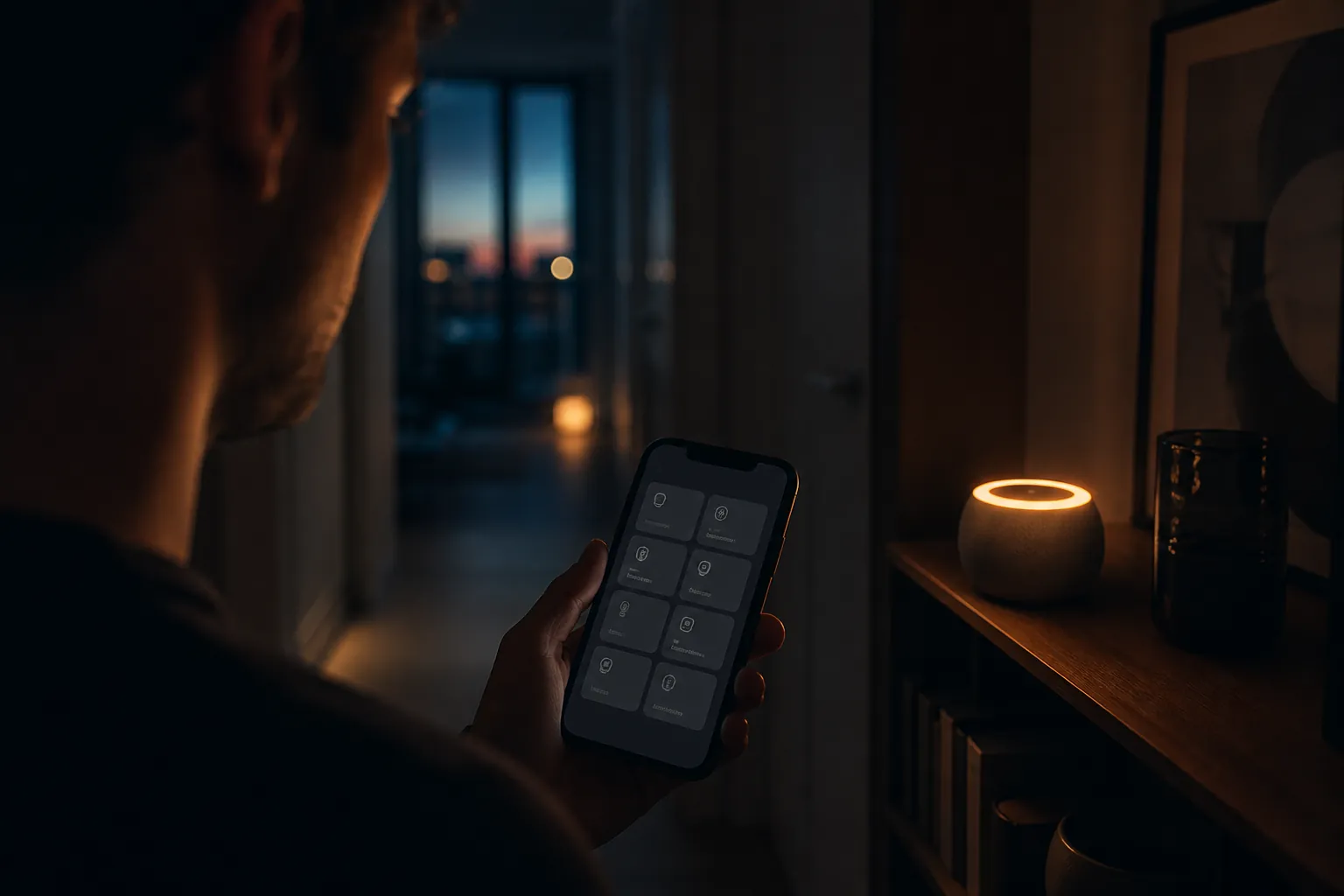 Person in a dim hallway holding an iPhone with grayed-out smart-home device tiles while a smart speaker hub glows nearby