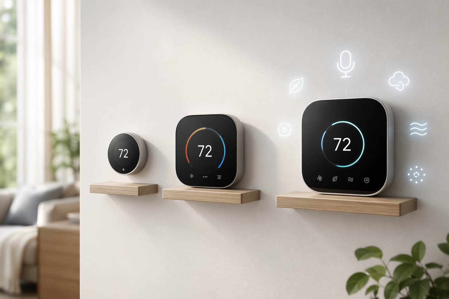 Three smart thermostat tiers on a wall shelf, from basic to premium
