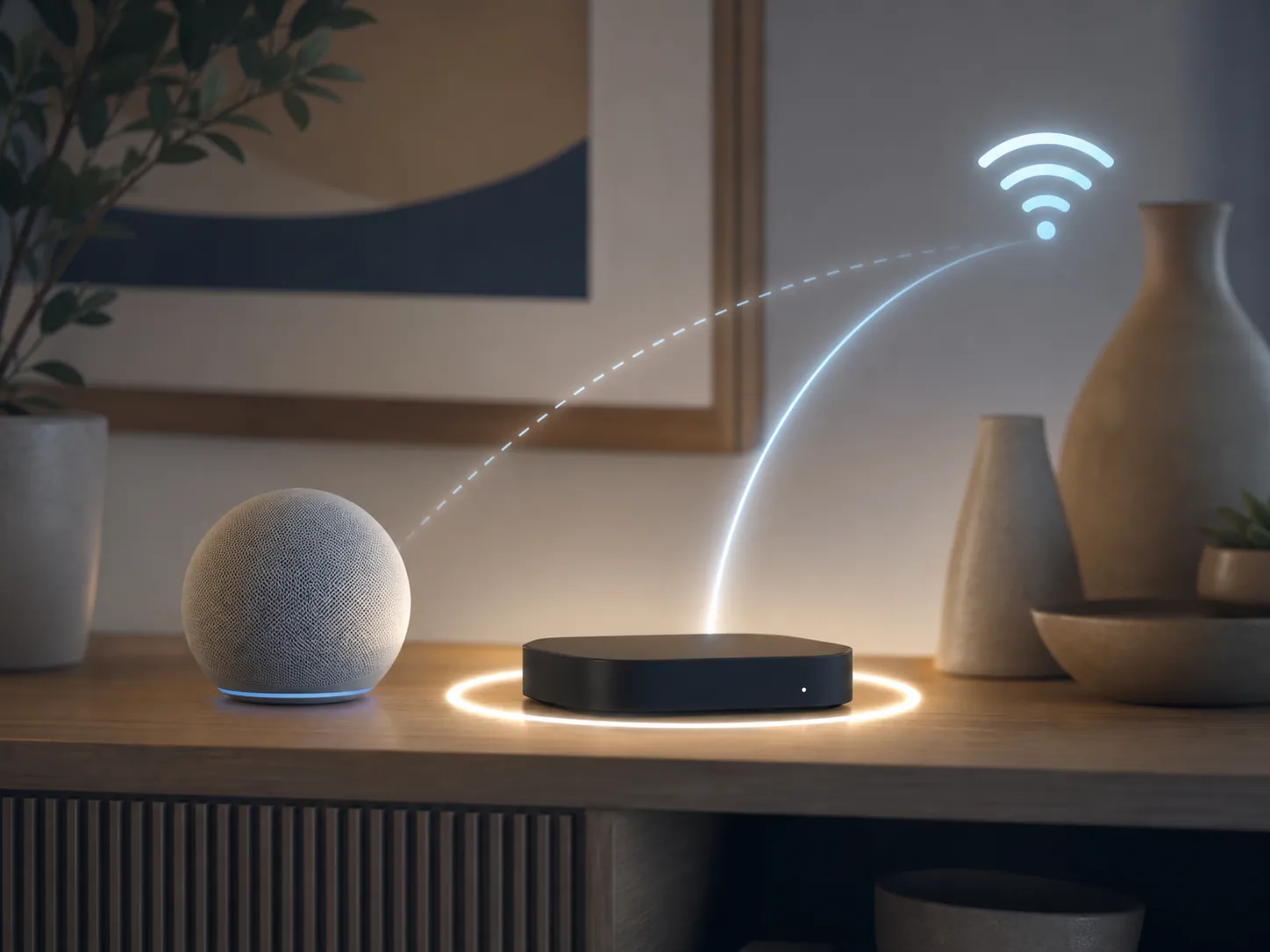 Two home hubs on a shelf with one highlighted as the active controller